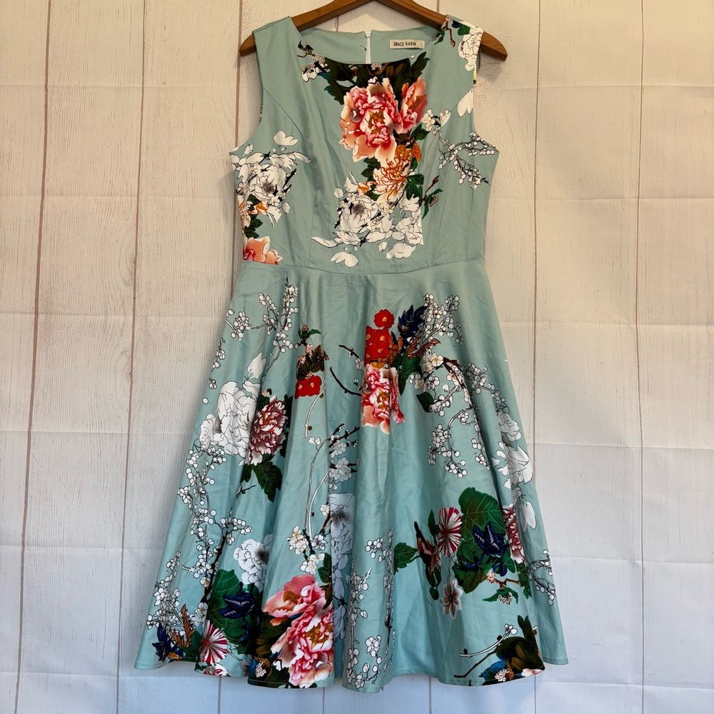 Grace Karin Dress Large Cotton Blue Pink White Floral Sleeveless Fit & Flare